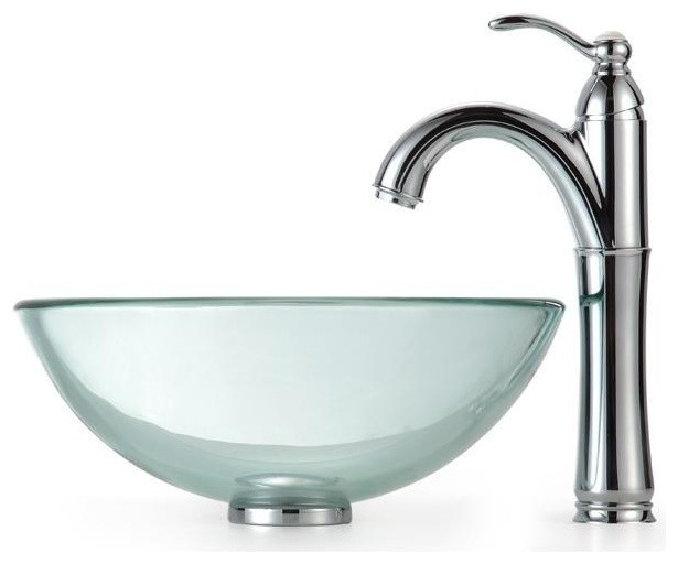 Clear 14 in. Glass Vessel Sink & Rivera Faucet, Chrome - Contemporary ...